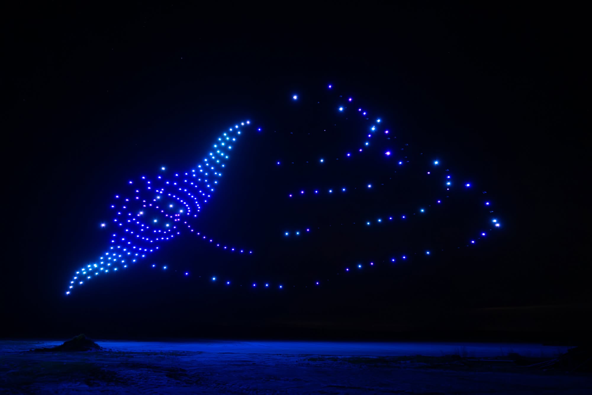Oiseau lumineux formé par les drones dans le ciel nocturne